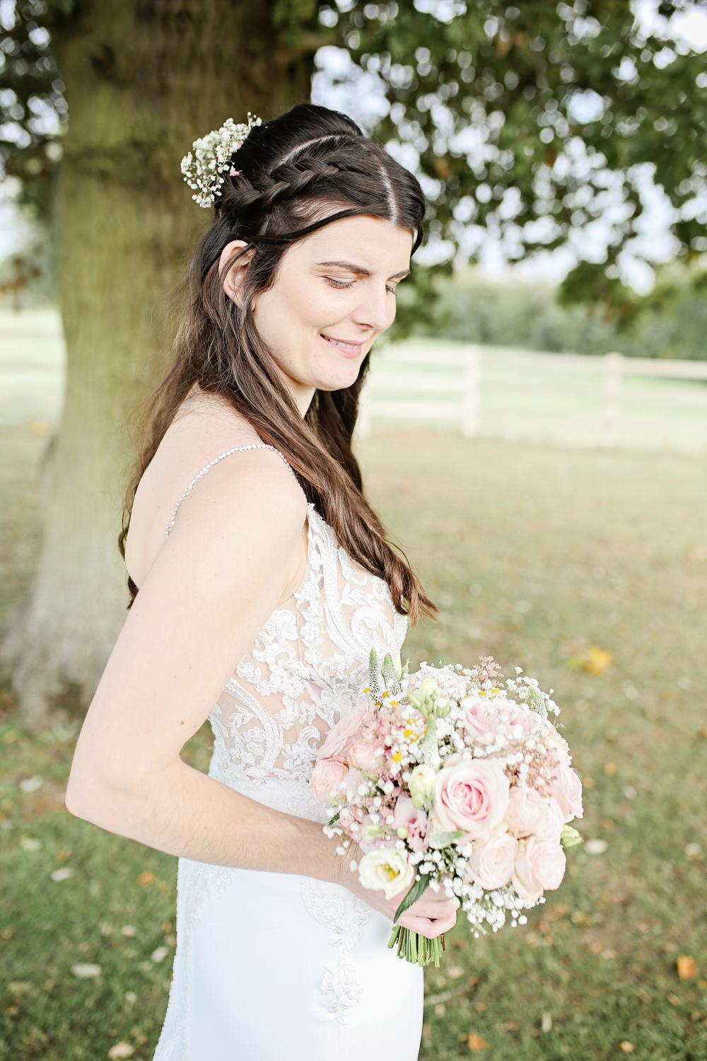 Bride Bridal Dress Gown Fit Flare Fishtail Train Straps Lace Enzoani Milling Barn Wedding Victoria Mitchell Photography