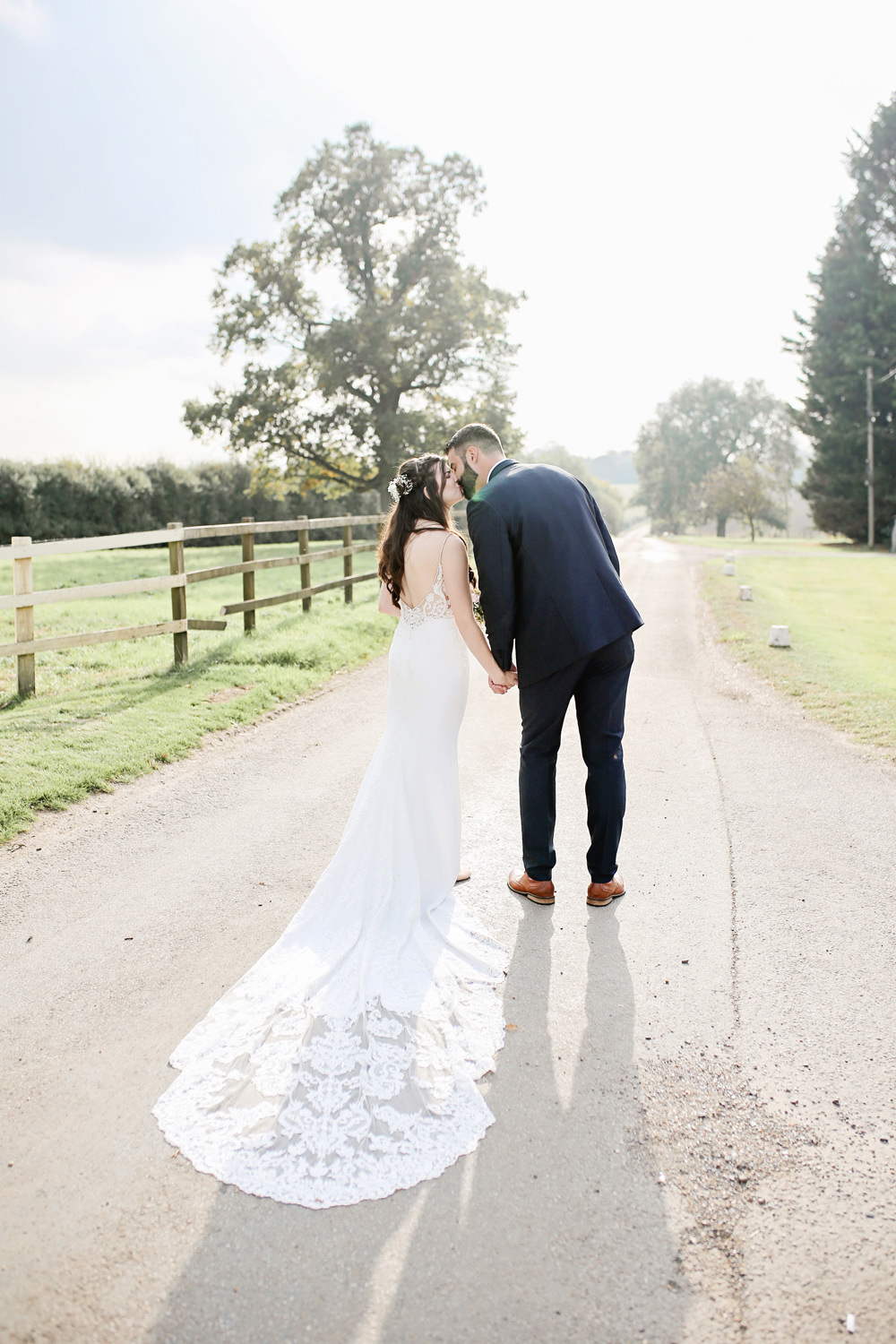 Bride Bridal Dress Gown Fit Flare Fishtail Train Straps Lace Enzoani Milling Barn Wedding Victoria Mitchell Photography