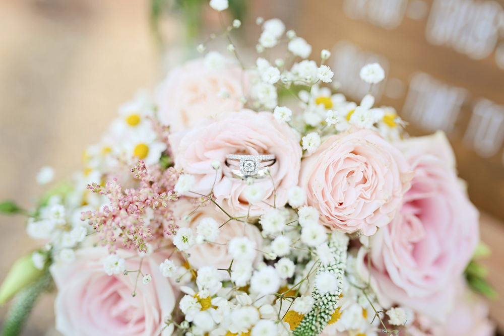 Bouquet Flowers Bride Bridal Pink Rose Gypsophila Daisy Rings Bands Engagement Milling Barn Wedding Victoria Mitchell Photography