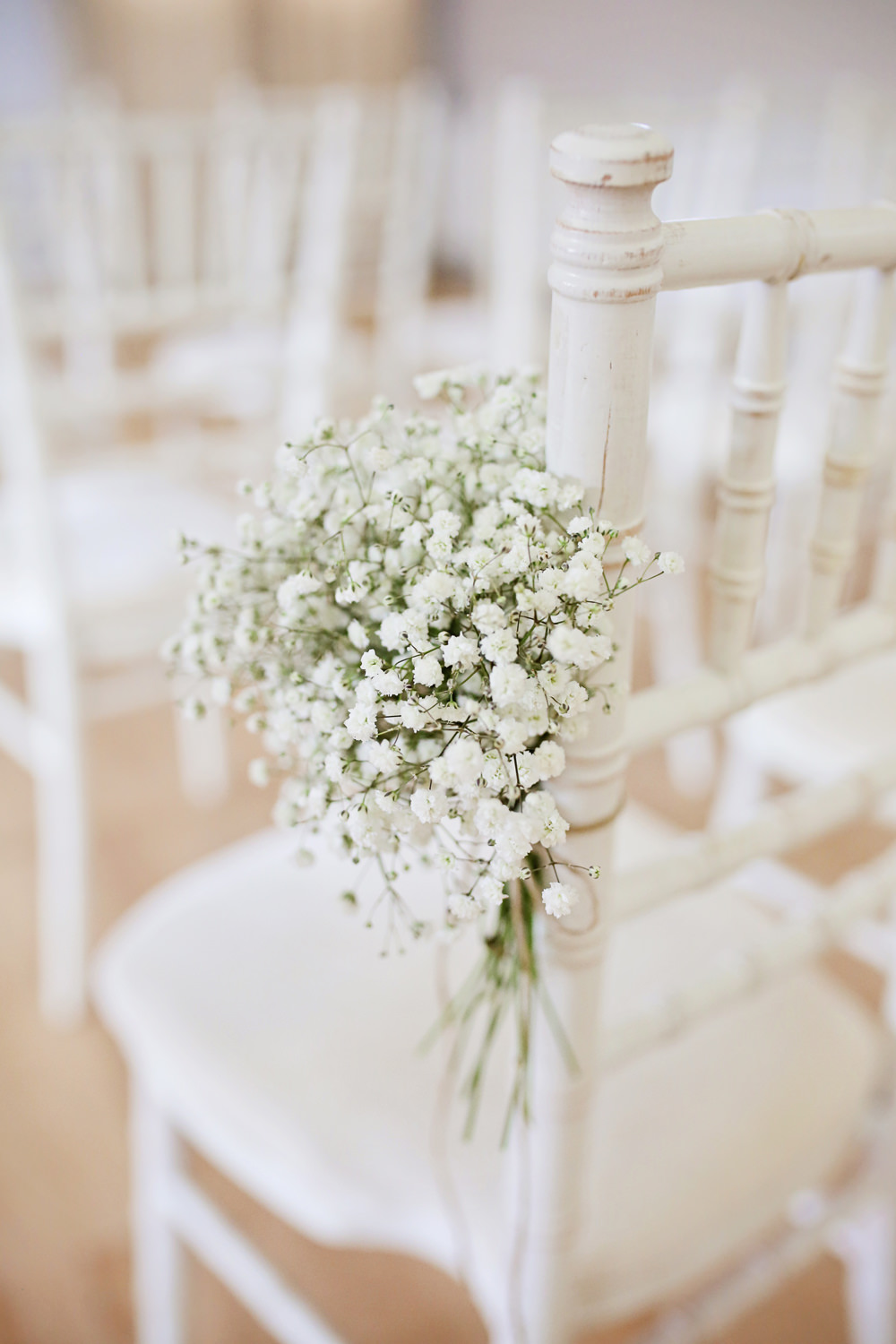 Gyp Gypsophila Baby's Breath Pew End Aisle Chair Flowers Ceremony Milling Barn Wedding Victoria Mitchell Photography