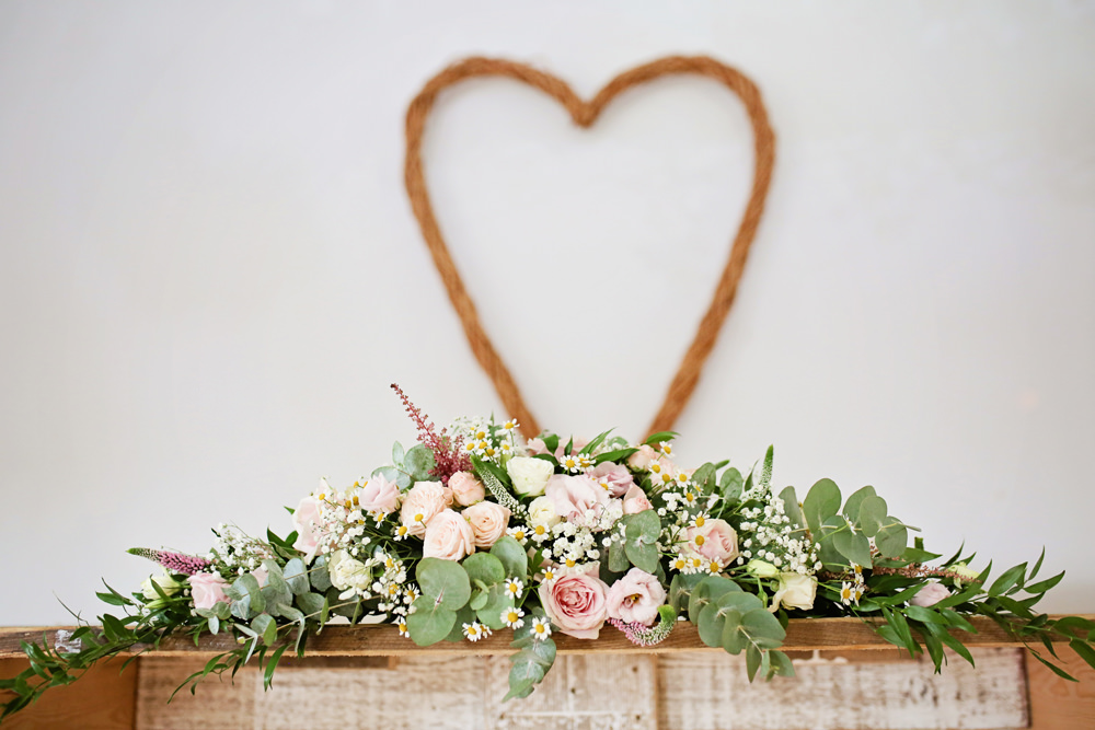 Wicker Heart Flowers Pink Rose Lisianthus Daisy Ceremony Table Milling Barn Wedding Victoria Mitchell Photography