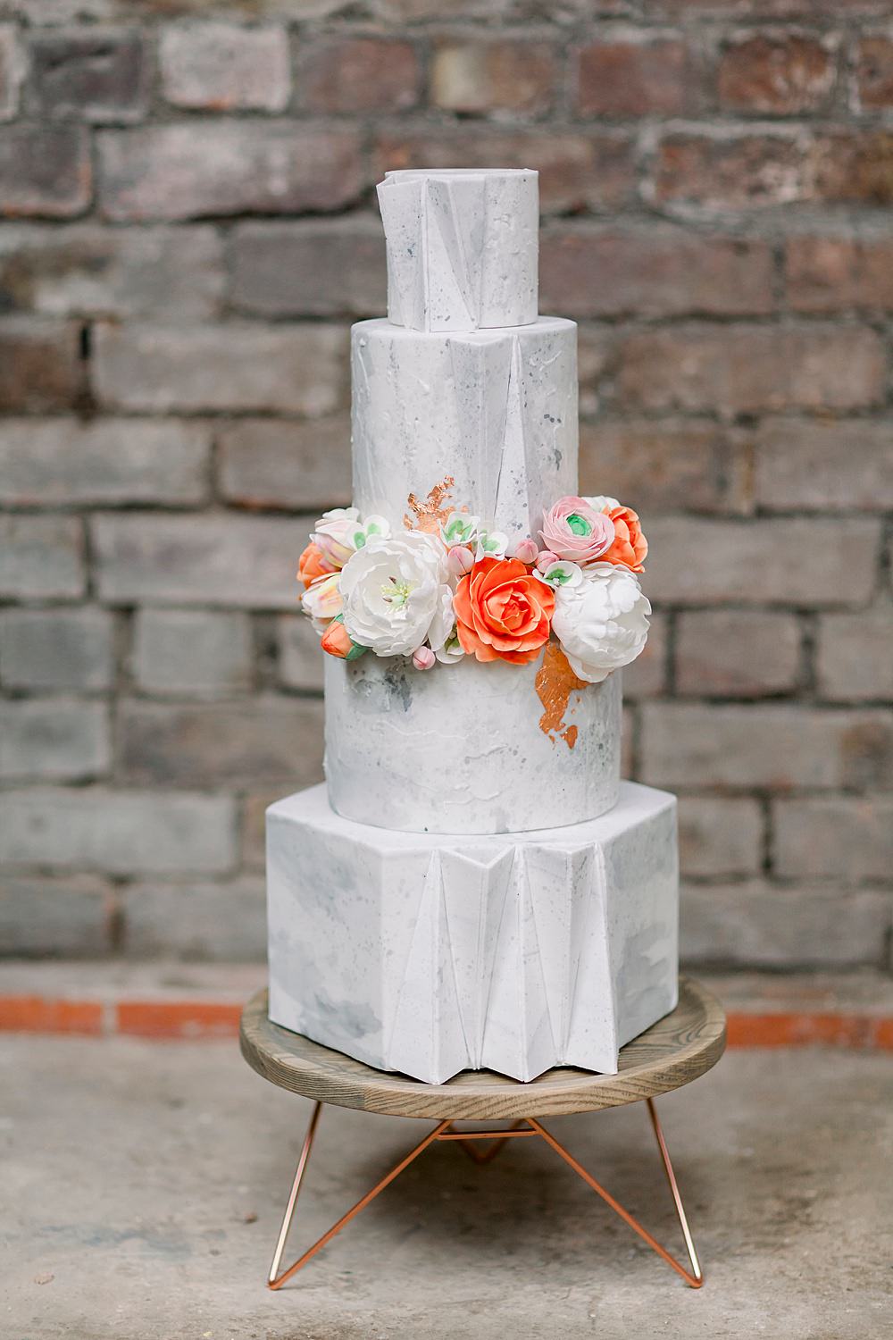 Grey Cake Concrete Marble Stone Wire Stand Orange Flowers Geometric Modern Natural Boho Industrial Wedding Ideas Jo Bradbury Photography