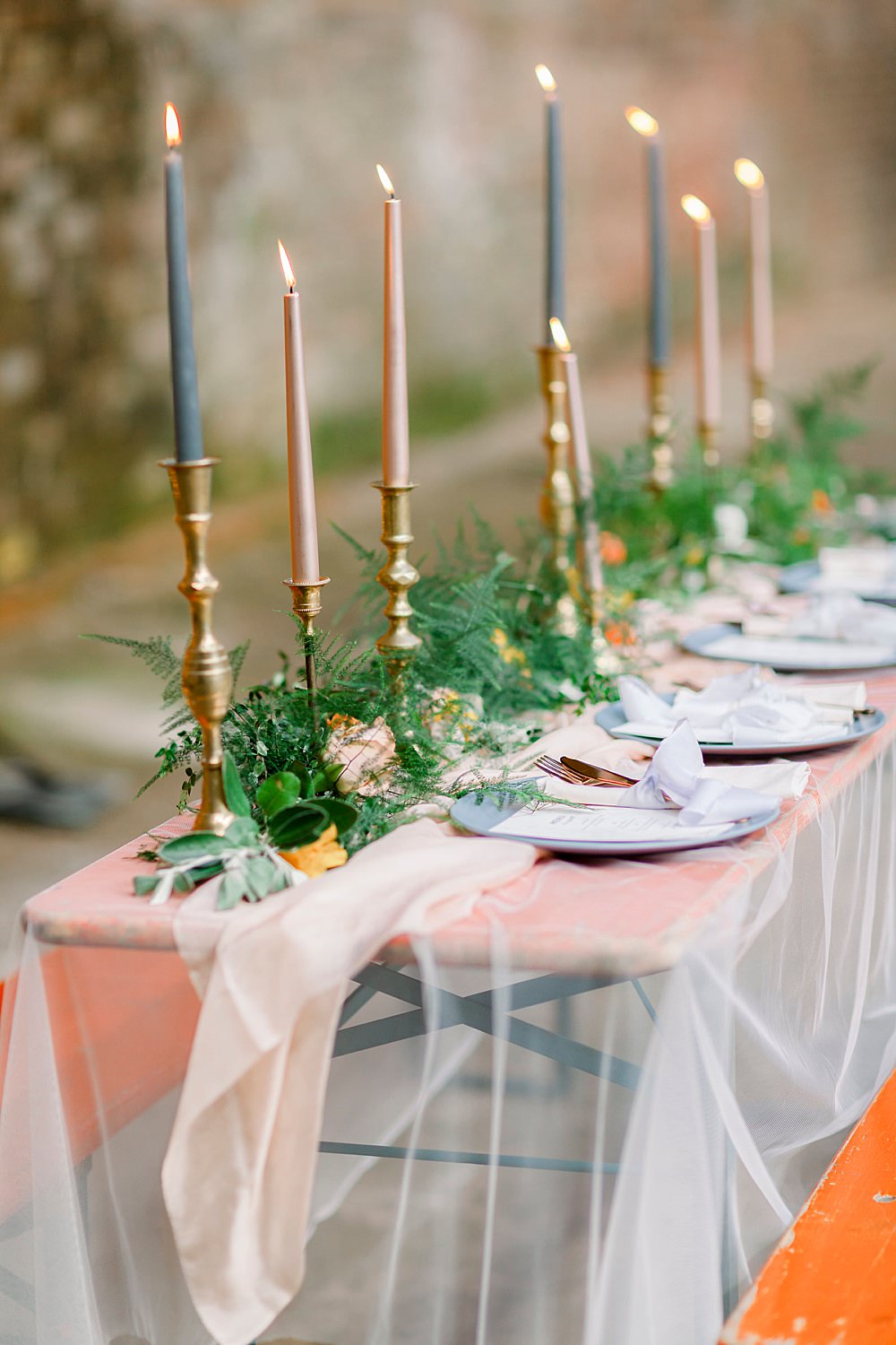 Tablescape Table Decor Tulle Coral Orange Cloths Candles Greenery Foliage Natural Boho Industrial Wedding Ideas Jo Bradbury Photography