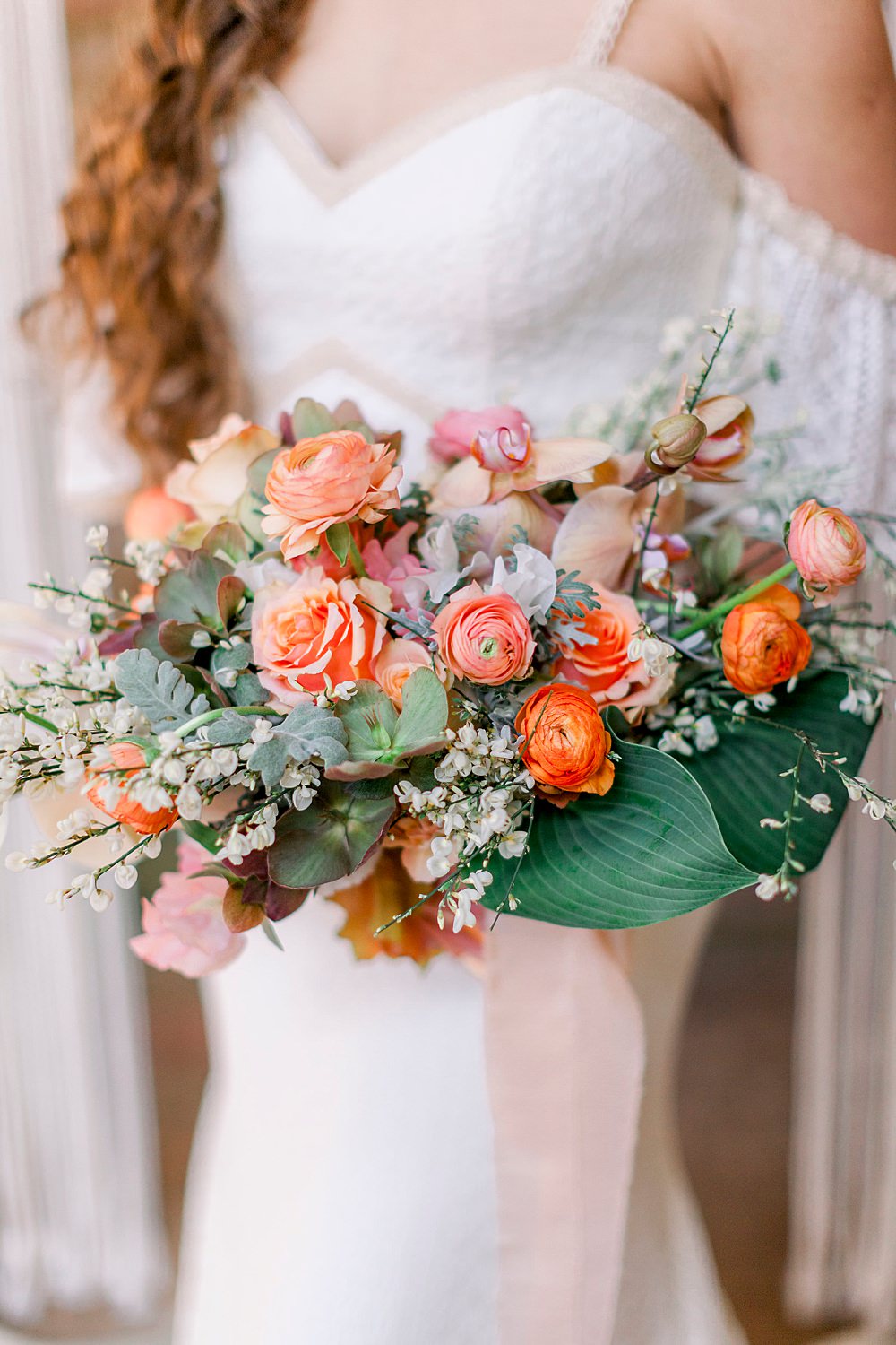 Bouquet Flowers Bride Bridal Coral Orange Silk Ribbons Rose Orchid Ranunculus Natural Boho Industrial Wedding Ideas Jo Bradbury Photography