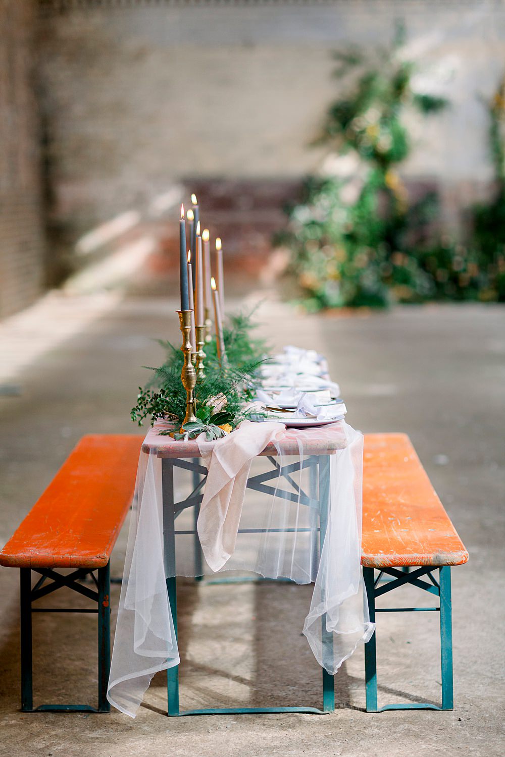 Tablescape Table Decor Tulle Coral Orange Cloths Candles Greenery Foliage Natural Boho Industrial Wedding Ideas Jo Bradbury Photography