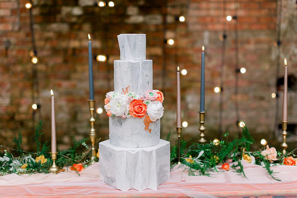 Grey Cake Concrete Marble Stone Wire Stand Orange Flowers Geometric Modern Natural Boho Industrial Wedding Ideas Jo Bradbury Photography
