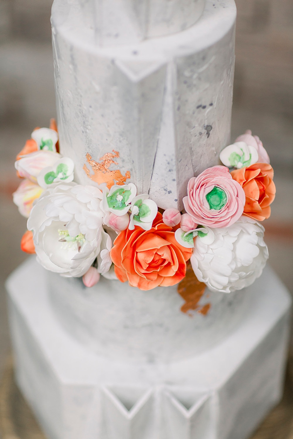 Grey Cake Concrete Marble Stone Wire Stand Orange Flowers Geometric Modern Natural Boho Industrial Wedding Ideas Jo Bradbury Photography