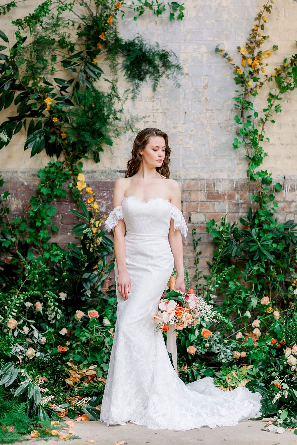 Backdrop Greenery Foliage Wall Installation Flowers Dress Gown Bride Bridal Stelfox Bride Lace Off Shoulder Bardot Fit Flare Natural Boho Industrial Wedding Ideas Jo Bradbury Photography