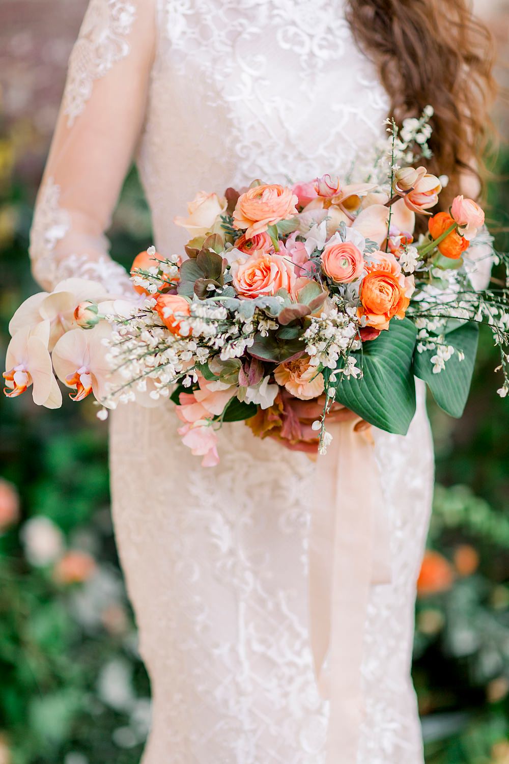Bouquet Flowers Bride Bridal Coral Orange Silk Ribbons Rose Orchid Ranunculus Natural Boho Industrial Wedding Ideas Jo Bradbury Photography
