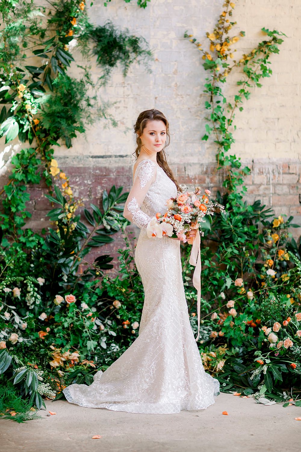 Dress Gown Bride Bridal Stelfox Bride Lace Long Sleeves Fit Flare Natural Boho Industrial Wedding Ideas Jo Bradbury Photography