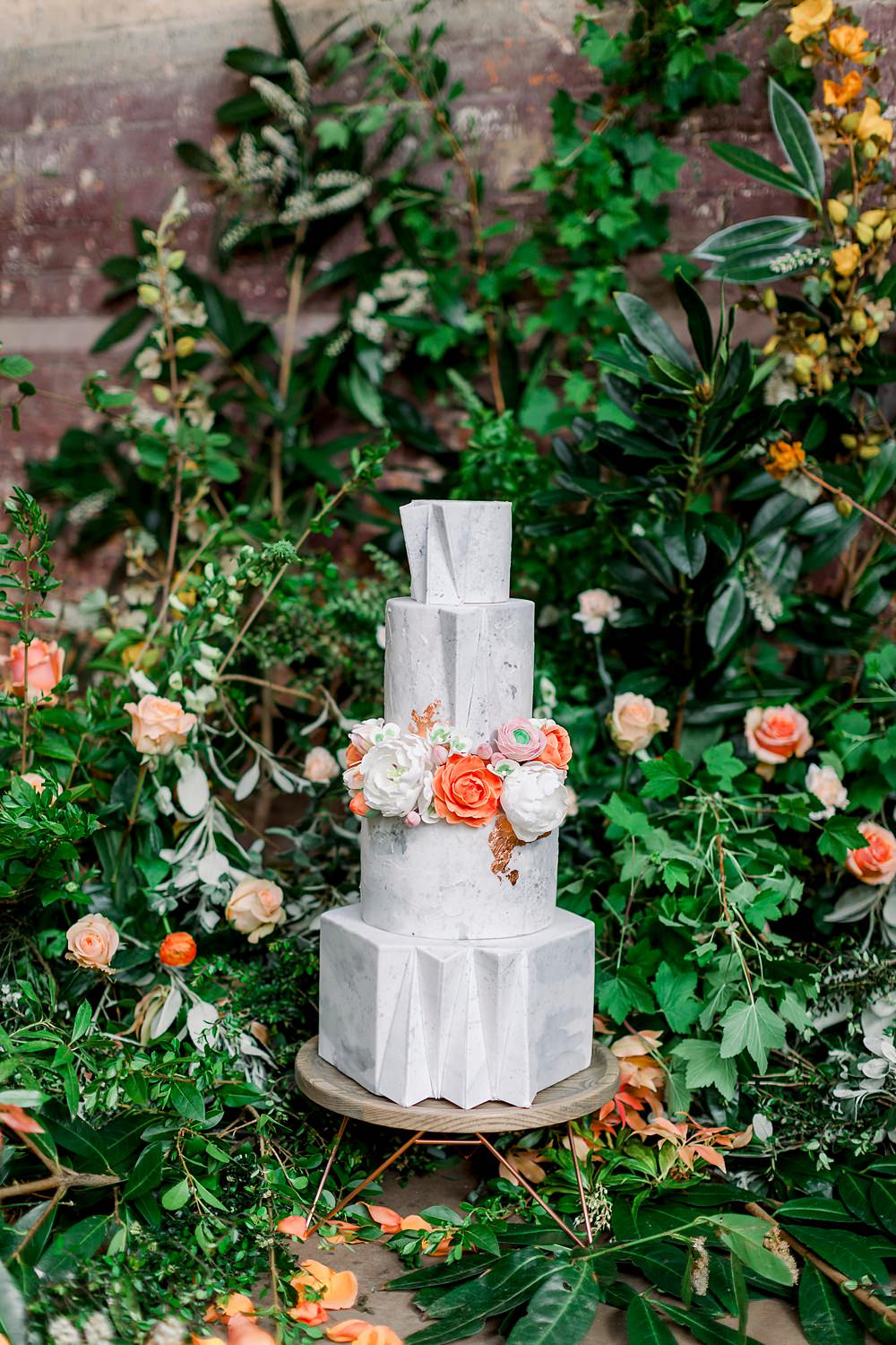 Grey Cake Concrete Marble Stone Wire Stand Orange Flowers Geometric Modern Greenery Foliage Backdrop Natural Boho Industrial Wedding Ideas Jo Bradbury Photography