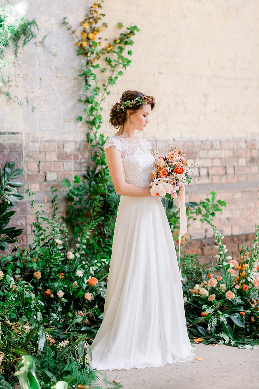 Backdrop Greenery Foliage Wall Installation Flowers Dress Gown Bride Bridal Stelfox Bride Lace Cap Sleeves Natural Boho Industrial Wedding Ideas Jo Bradbury Photography
