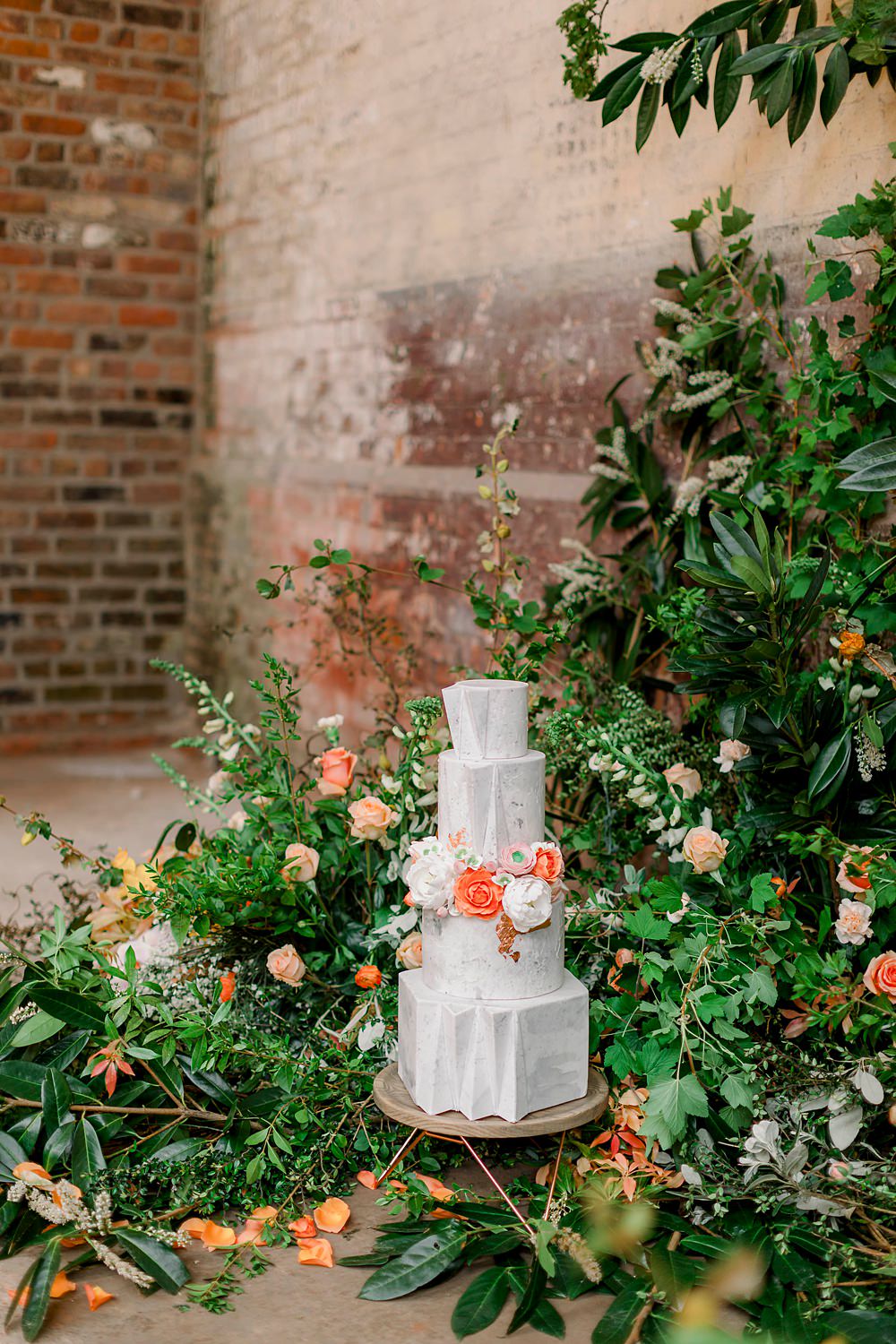 Grey Cake Concrete Marble Stone Wire Stand Orange Flowers Geometric Modern Greenery Foliage Backdrop Natural Boho Industrial Wedding Ideas Jo Bradbury Photography
