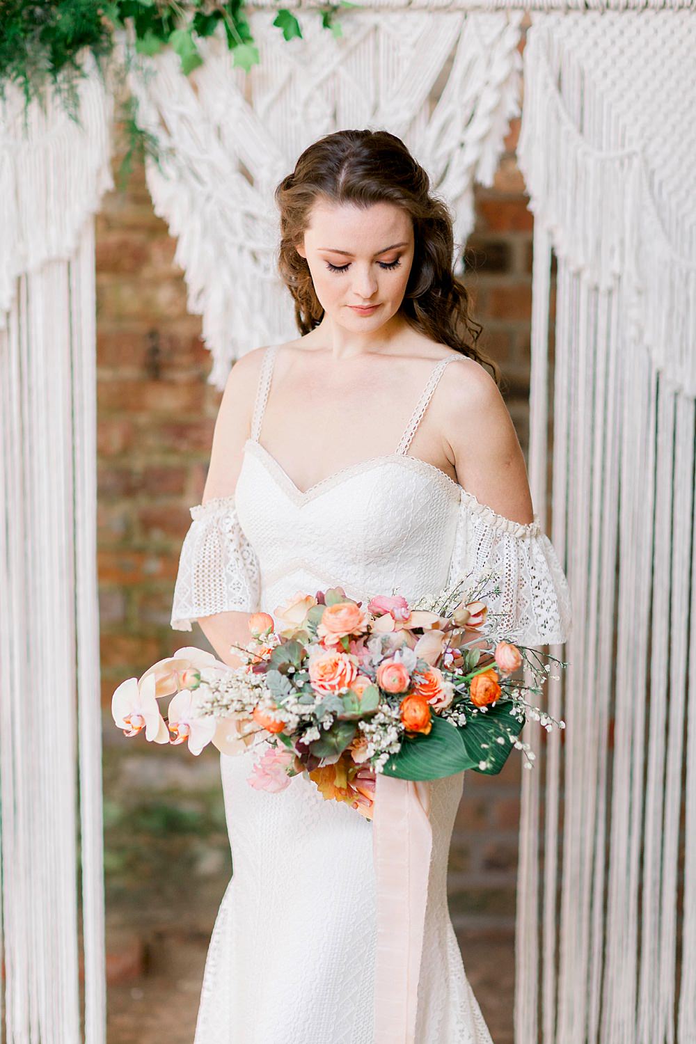 Bouquet Flowers Bride Bridal Coral Orange Silk Ribbons Rose Orchid Ranunculus Natural Boho Industrial Wedding Ideas Jo Bradbury Photography