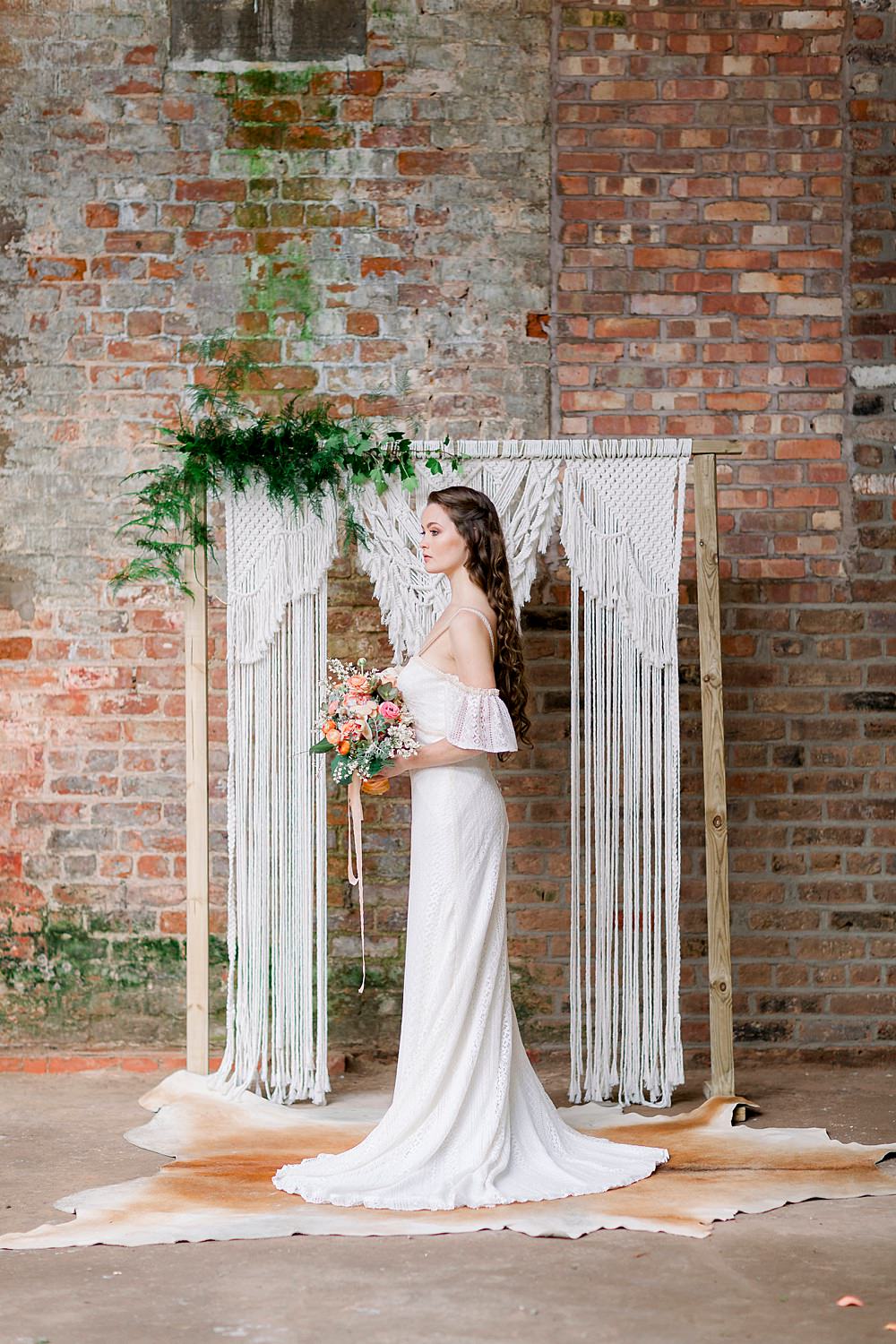 Backdrop Macrame Wooden Frame Greenery Aisle Ceremony Natural Boho Industrial Wedding Ideas Jo Bradbury Photography