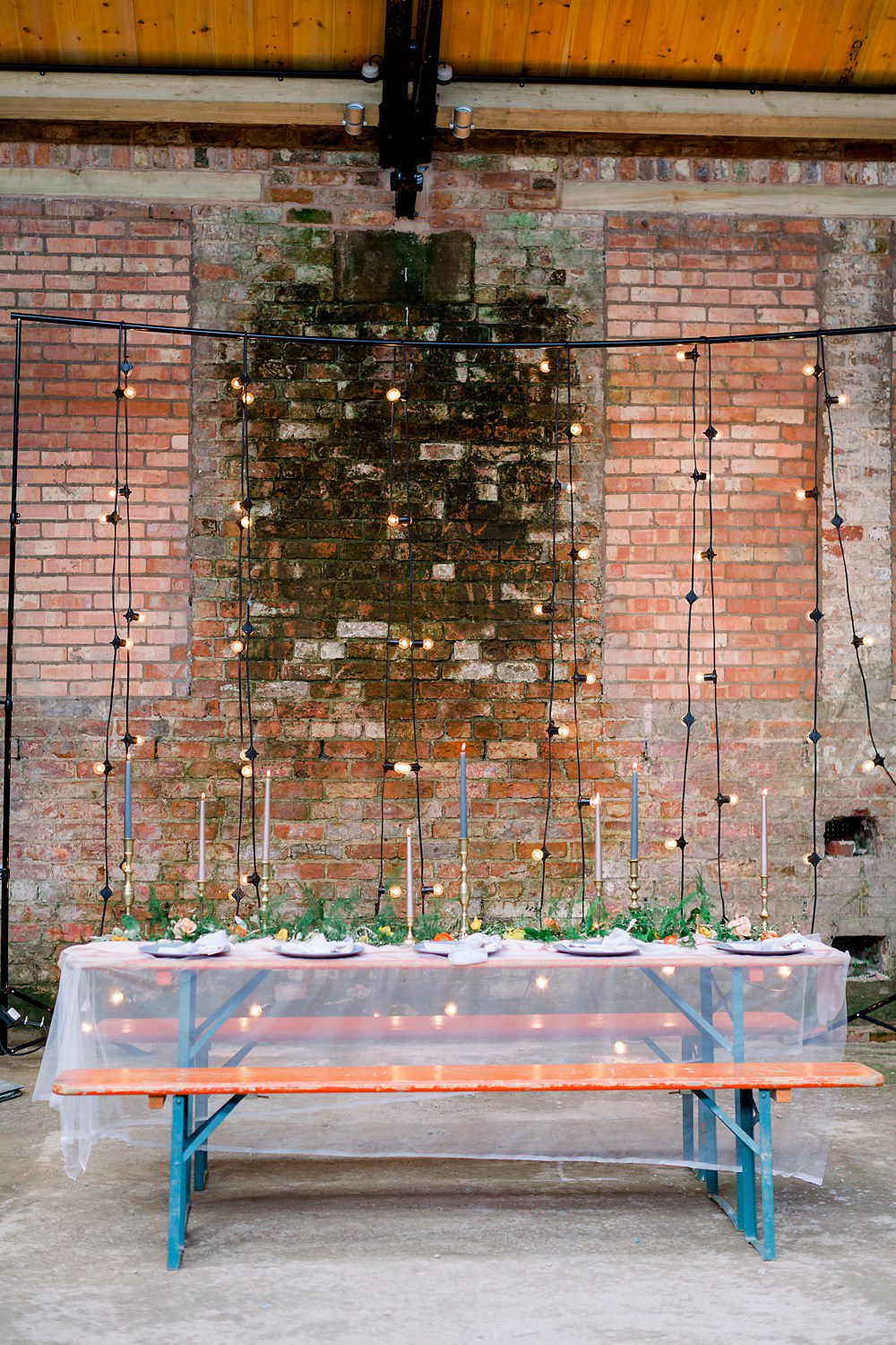 Tablescape Table Decor Tulle Coral Orange Cloths Candles Greenery Foliage Festoon Lights Backdrop Natural Boho Industrial Wedding Ideas Jo Bradbury Photography