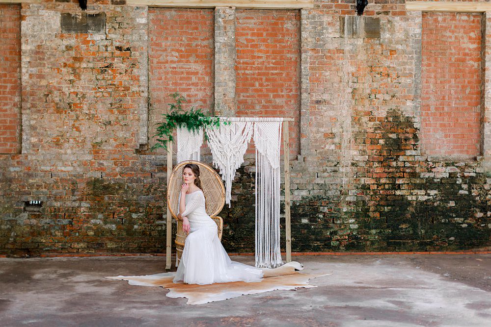 Backdrop Macrame Wooden Frame Greenery Aisle Ceremony Peacock Chair Natural Boho Industrial Wedding Ideas Jo Bradbury Photography