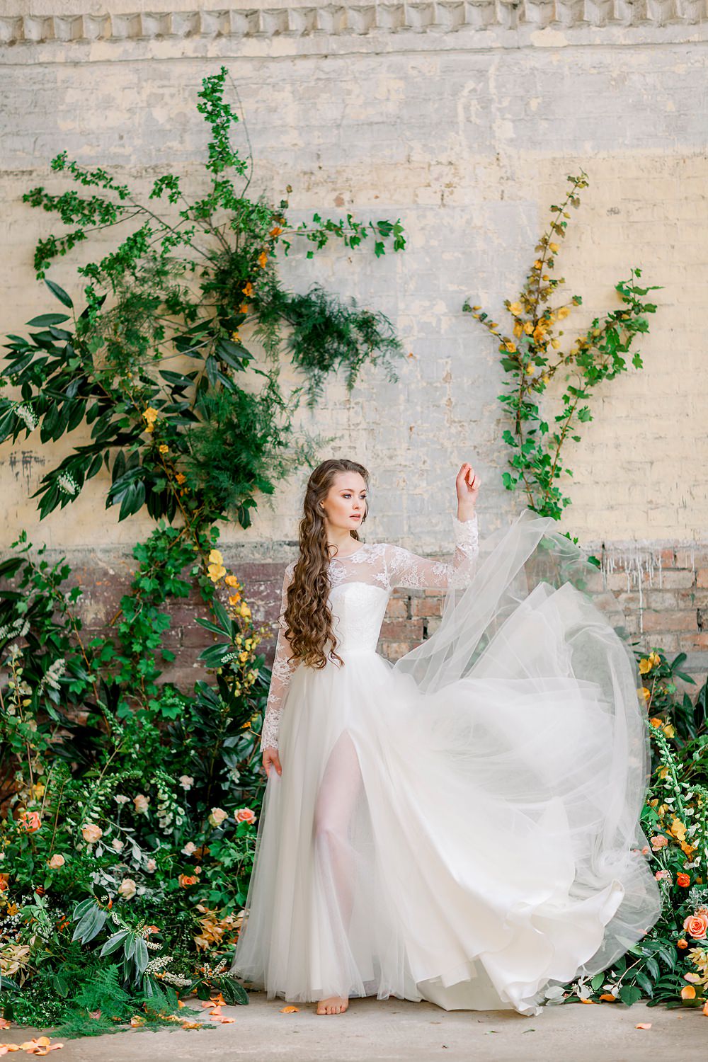 Dress Gown Bride Bridal Stelfox Bride Lace Long Sleeves Tulle Natural Boho Industrial Wedding Ideas Jo Bradbury Photography