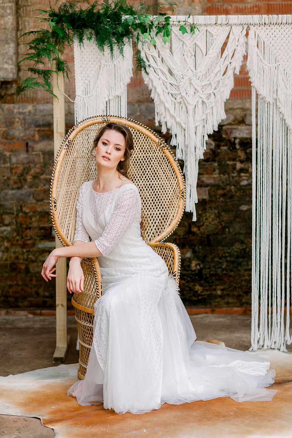 Dress Gown Bride Bridal Stelfox Bride Lace Tulle Low Back Sleeves Train Peacock Chair Natural Boho Industrial Wedding Ideas Jo Bradbury Photography
