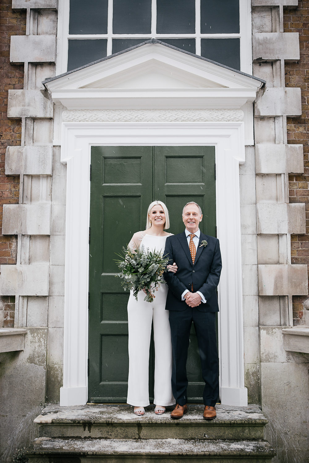 Bride Bridal House of Ollichon Jumpsuit Trousers Lace Sleeves Back Greenery Foliage Bouquet Flowers Orleans House Gallery Wedding My Beautiful Bride Photography