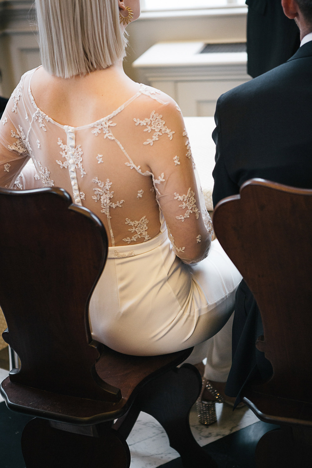 Bride Bridal House of Ollichon Jumpsuit Trousers Lace Sleeves Back Greenery Orleans House Gallery Wedding My Beautiful Bride Photography