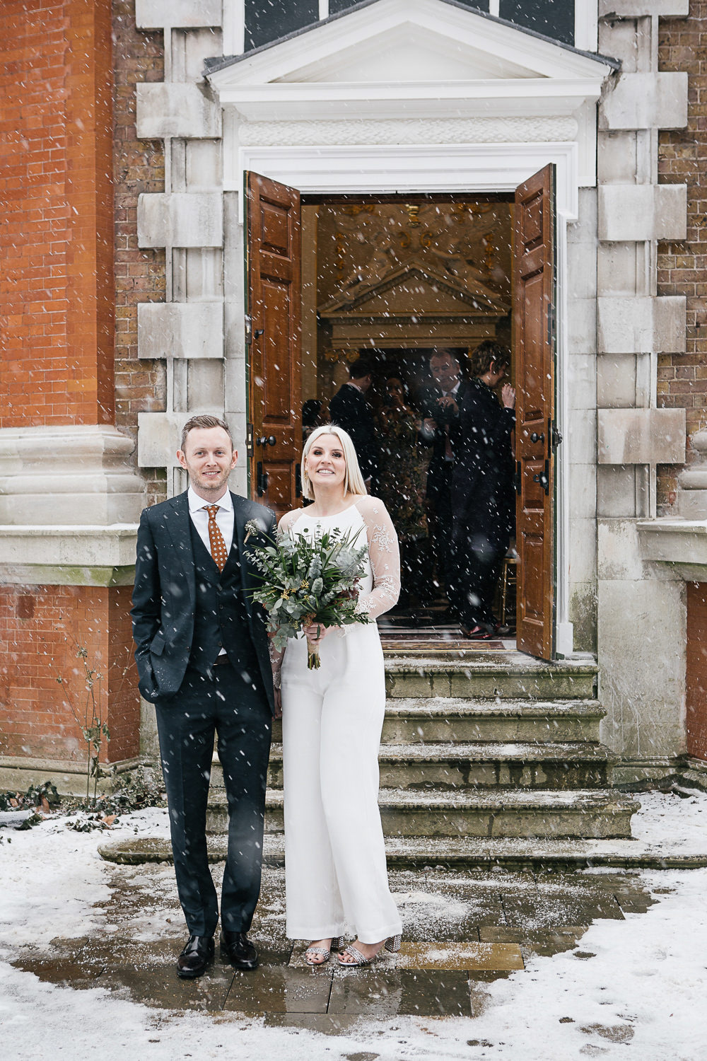 Bride Bridal House of Ollichon Jumpsuit Trousers Lace Sleeves Back Greenery Foliage Bouquet Flowers Orleans House Gallery Wedding My Beautiful Bride Photography