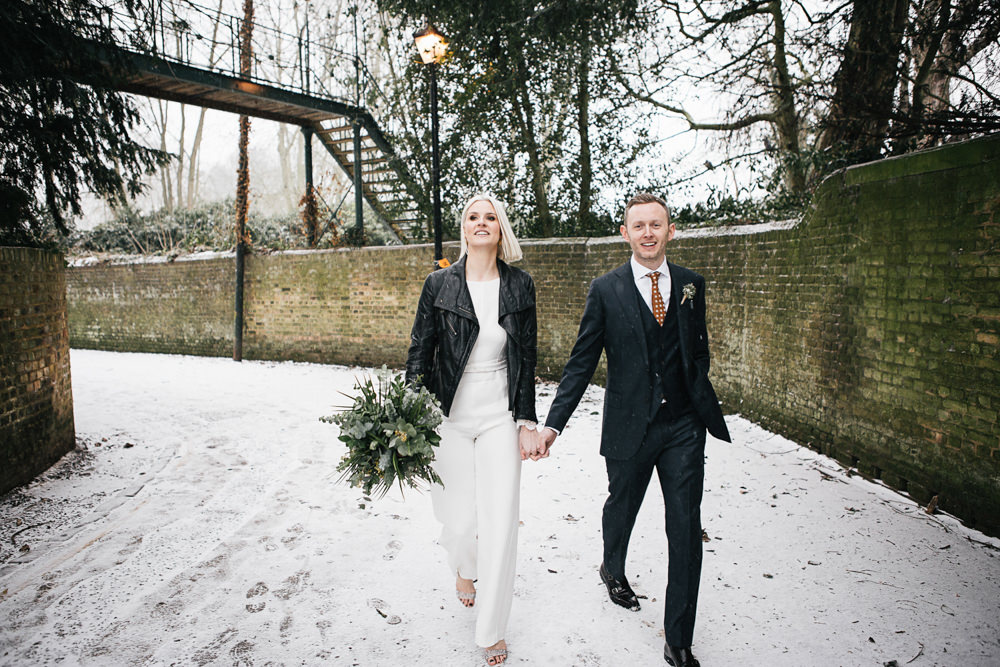 Bride Bridal House of Ollichon Jumpsuit Trousers Lace Sleeves Back Greenery Foliage Bouquet Flowers Orleans House Gallery Wedding My Beautiful Bride Photography