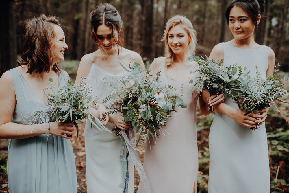 Bouquets Bride Bridal Bridesmaid Flowers Foliage Greenery Brunia Berries Anemones Ranunculus Outdoor Woodland Wedding Ideas Geometric Meraki Wedding Photography
