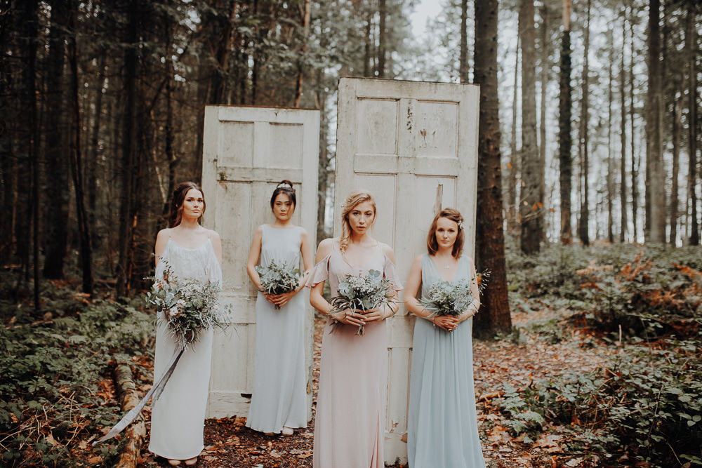 Door Backdrop Bride Bridesmaids Outdoor Woodland Wedding Ideas Geometric Meraki Wedding Photography
