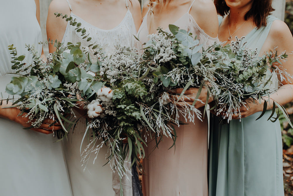 Bouquets Bride Bridal Bridesmaid Flowers Foliage Greenery Brunia Berries Anemones Ranunculus Outdoor Woodland Wedding Ideas Geometric Meraki Wedding Photography
