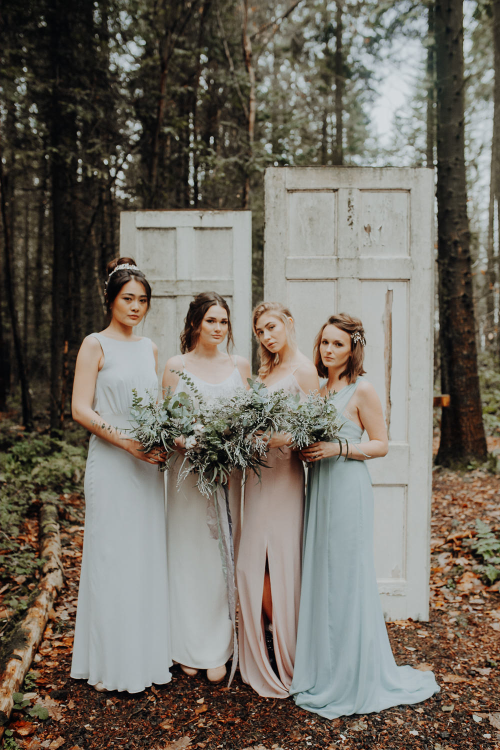 Door Backdrop Bride Bridesmaids Outdoor Woodland Wedding Ideas Geometric Meraki Wedding Photography