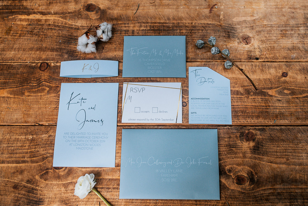 Stationery Invites Invitations Bllue Calligraphy Gold Outdoor Woodland Wedding Ideas Geometric Meraki Wedding Photography