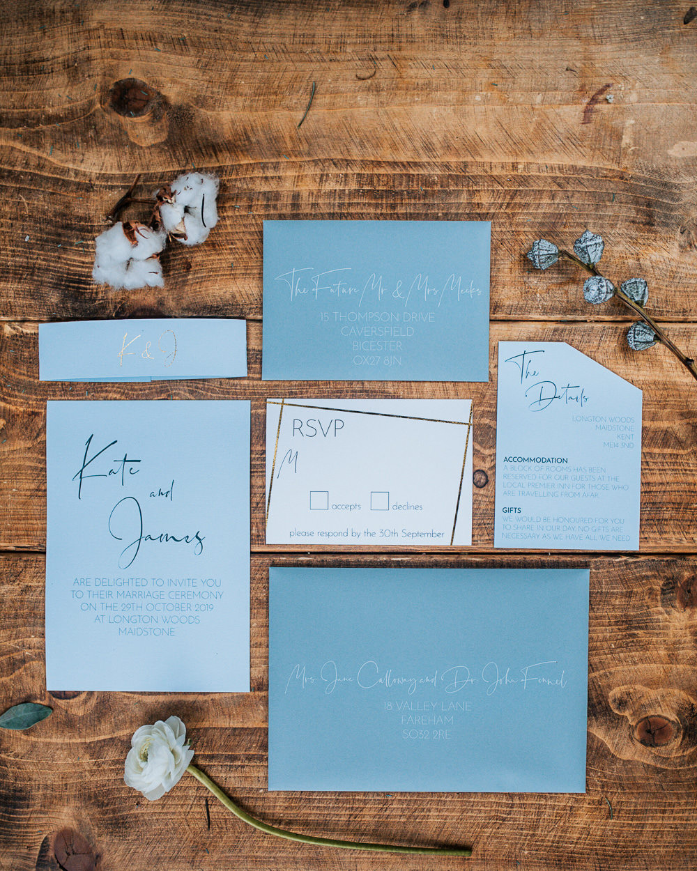Stationery Invites Invitations Bllue Calligraphy Gold Outdoor Woodland Wedding Ideas Geometric Meraki Wedding Photography