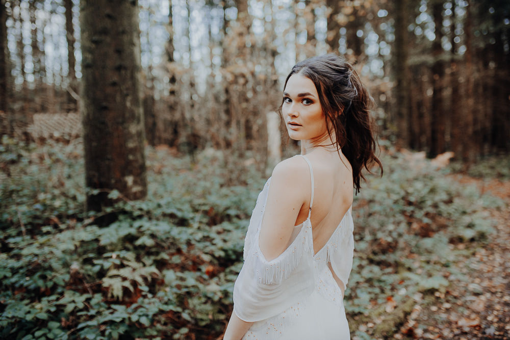 Bride Bridal Dress Gown Bohemian Flowing Tassel Fringe Outdoor Woodland Wedding Ideas Geometric Meraki Wedding Photography