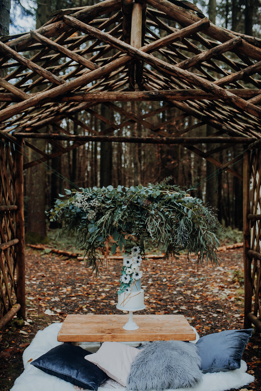 Cake Table Greenery Foliage Suspended Hanging Installation Outdoor Woodland Wedding Ideas Geometric Meraki Wedding Photography