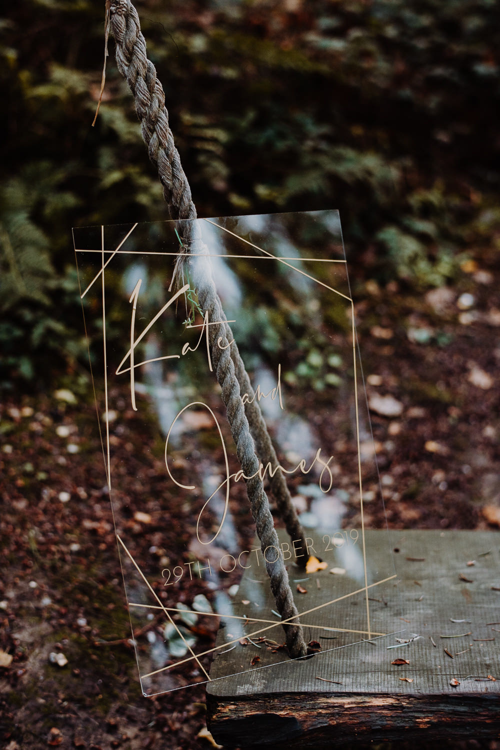 Perspex Acrylic Clear Sign Signage Gold Calligraphy Outdoor Woodland Wedding Ideas Geometric Meraki Wedding Photography