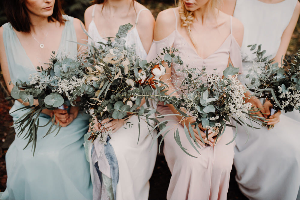 Bouquets Bride Bridal Bridesmaid Flowers Foliage Greenery Brunia Berries Anemones Ranunculus Outdoor Woodland Wedding Ideas Geometric Meraki Wedding Photography