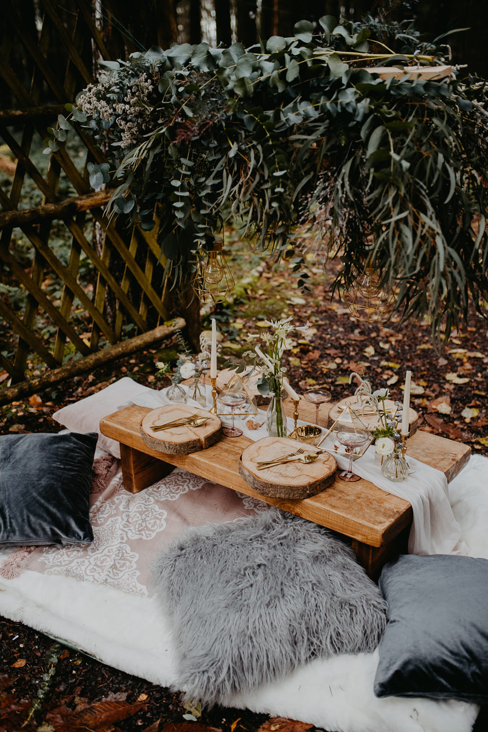Tablescape Decor Table Greenery Foliage Suspended Hanging Installation Outdoor Woodland Wedding Ideas Geometric Meraki Wedding Photography