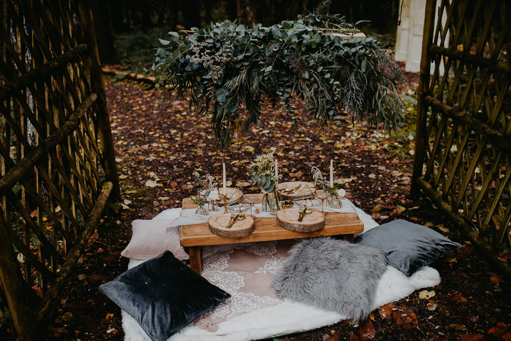 Tablescape Decor Table Greenery Foliage Suspended Hanging Installation Outdoor Woodland Wedding Ideas Geometric Meraki Wedding Photography