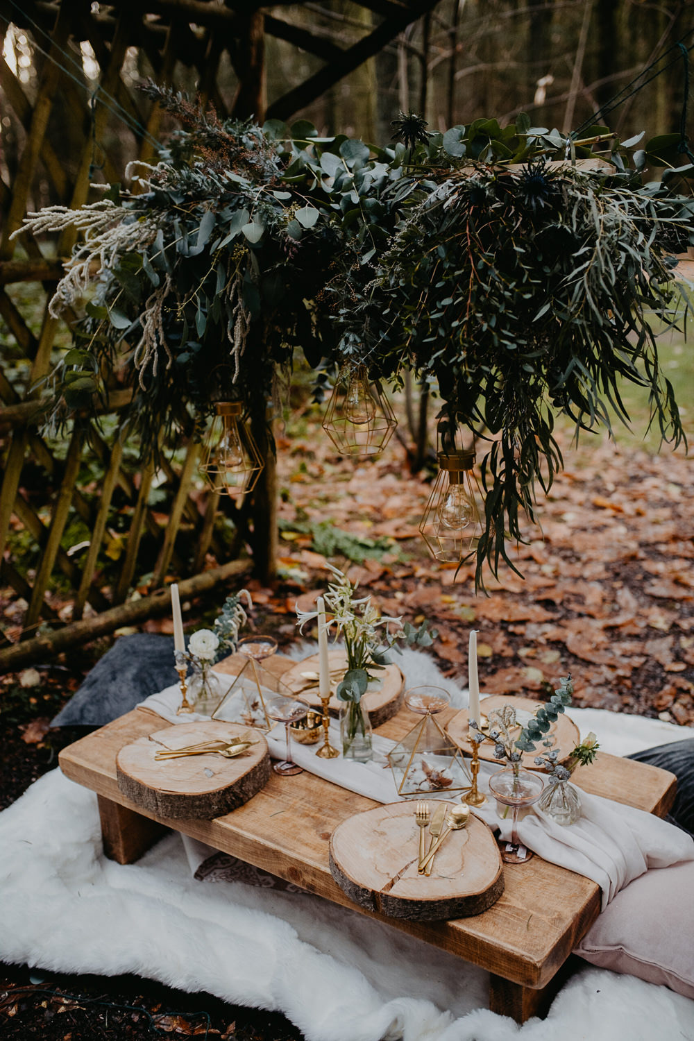 Tablescape Decor Table Greenery Foliage Suspended Hanging Installation Outdoor Woodland Wedding Ideas Geometric Meraki Wedding Photography