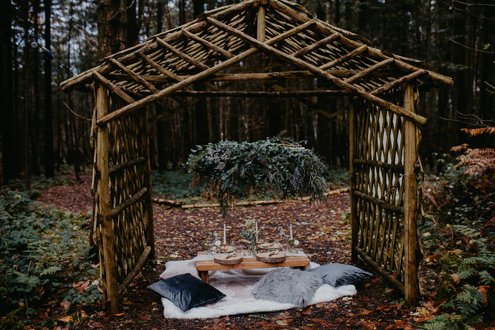 Tablescape Decor Table Greenery Foliage Suspended Hanging Installation Outdoor Woodland Wedding Ideas Geometric Meraki Wedding Photography