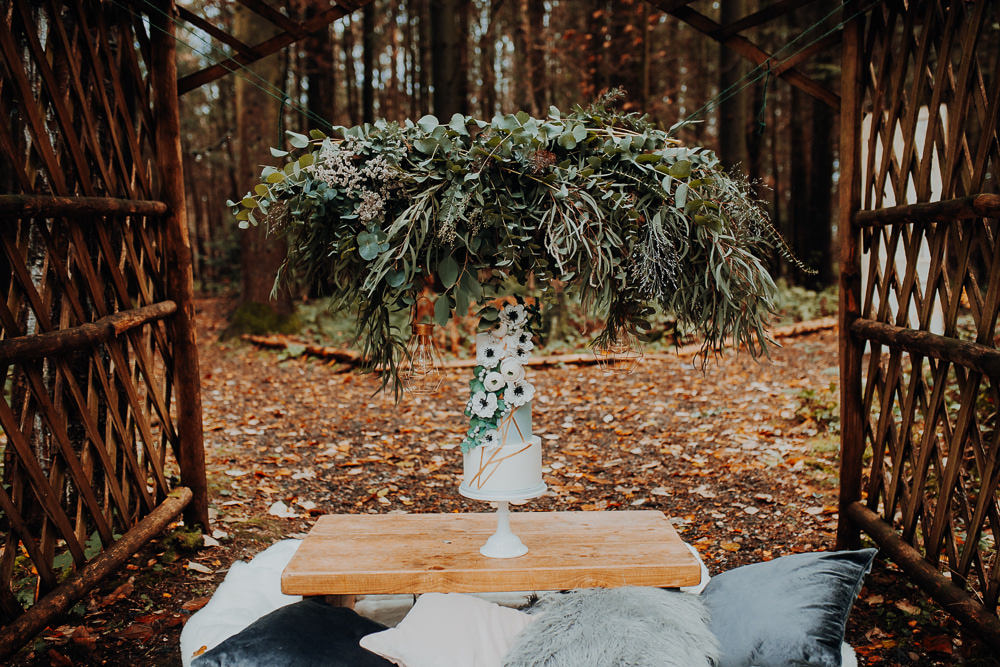 Cake Table Greenery Foliage Suspended Hanging Installation Outdoor Woodland Wedding Ideas Geometric Meraki Wedding Photography