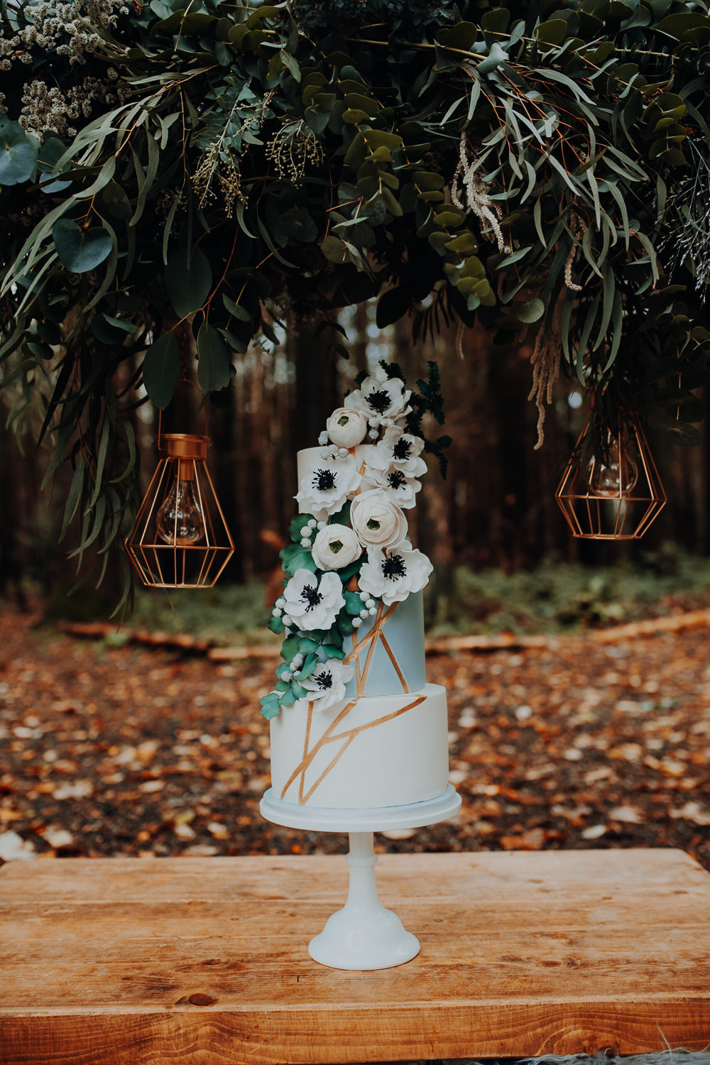 Cake Table Flowers Floral Copper Gold Outdoor Woodland Wedding Ideas Geometric Meraki Wedding Photography