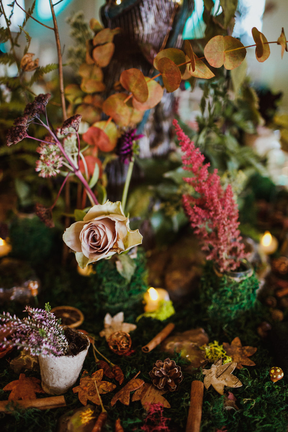 Centrepiece Decor Greenery Foliage Autumn Autumnal Flowers Moss Pine Cones Leaves Ox Pasture Hall Wedding Photography34