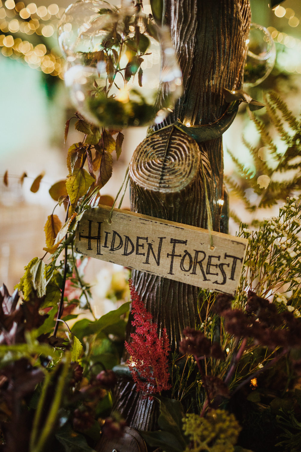 Centrepiece Decor Greenery Foliage Autumn Autumnal Tree Baubles Forest Sign Table Name Woodland Ox Pasture Hall Wedding Photography34
