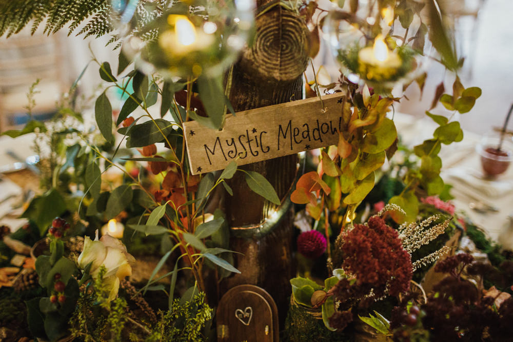 Centrepiece Decor Greenery Foliage Autumn Autumnal Tree Baubles Forest Sign Table Name Woodland Ox Pasture Hall Wedding Photography34