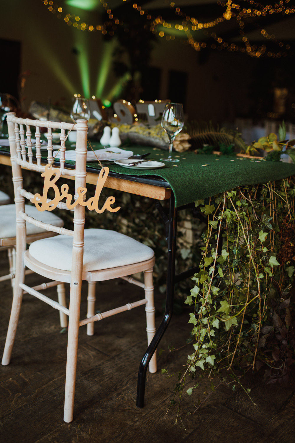 Chair Sign Greenery Foliage Table Decor Ox Pasture Hall Wedding Photography34