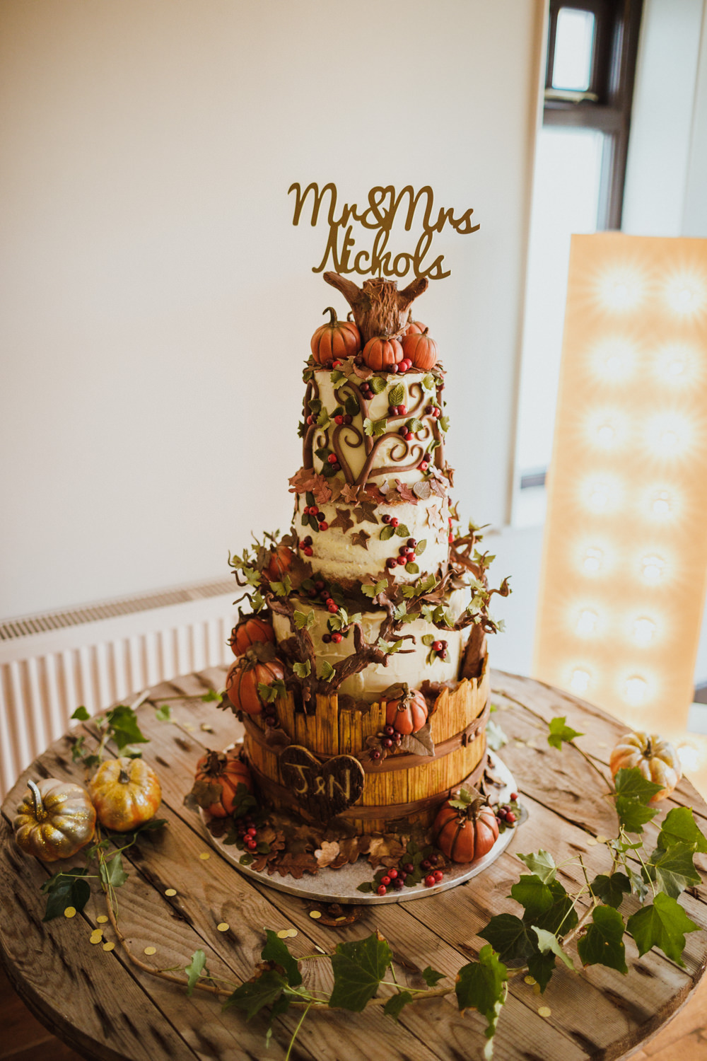 Autumn Autumnal Cake Pumpkins Leaves Berries Ox Pasture Hall Wedding Photography34