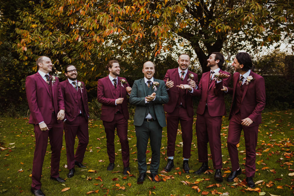 Groom Groomsmen Suits Burgundy Floral Tie Autumn Green Ox Pasture Hall Wedding Photography34