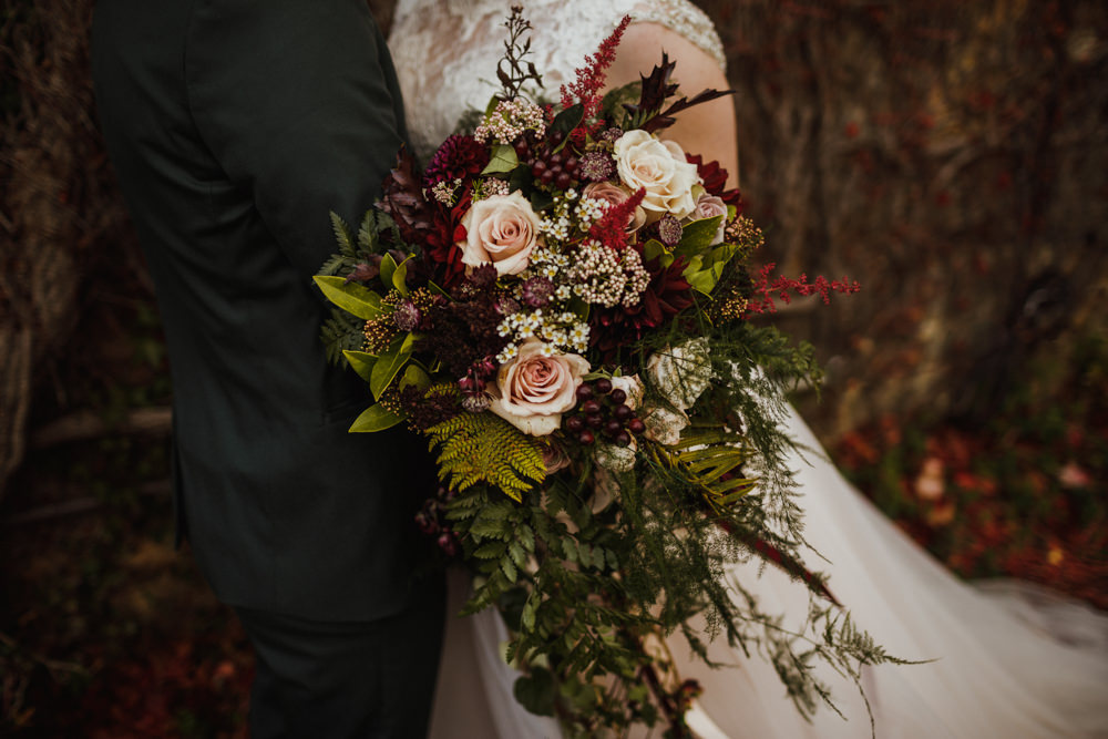 Bride Bridal Bouquet Flowers Greenery Foliage Trailing Cascading Astilbe Rose Dahlia Burgundy Ox Pasture Hall Wedding Photography34